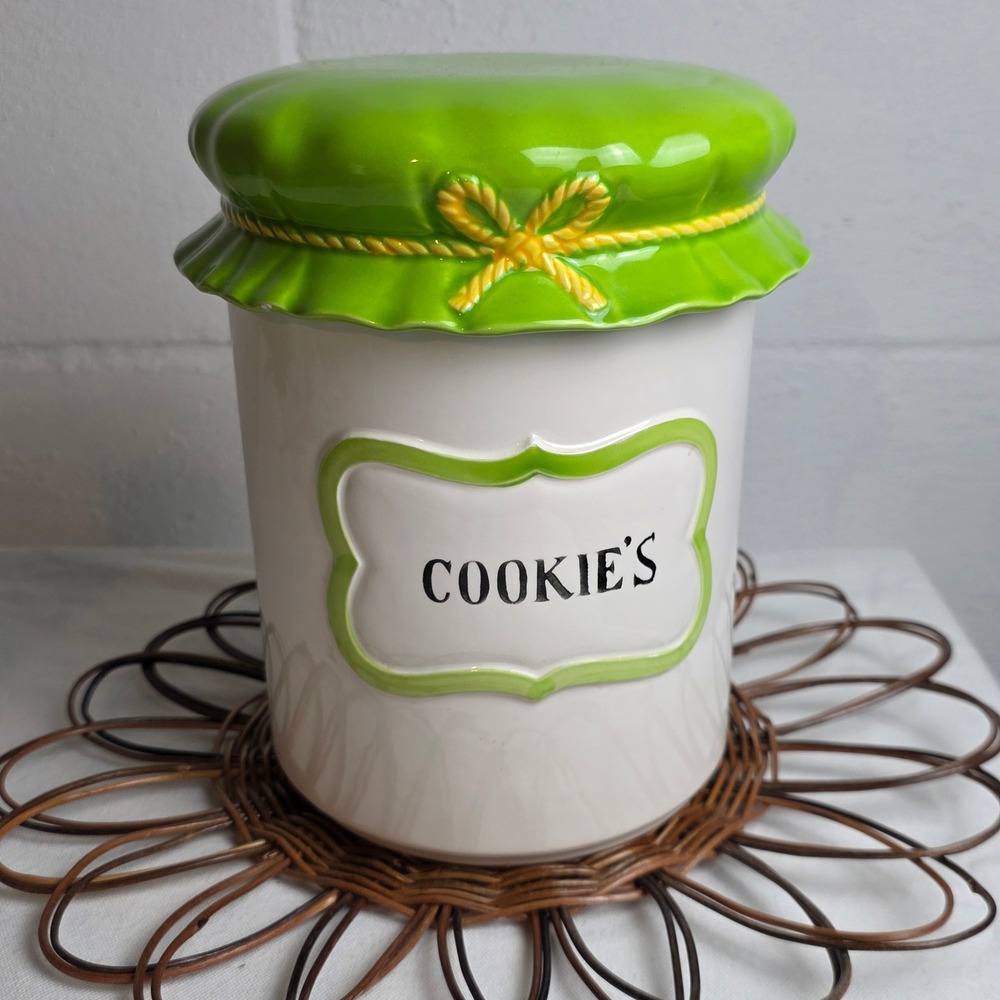 Retro Ceramic Cookie Jar White with Lime Green Ruffled Lid and Yellow Bow